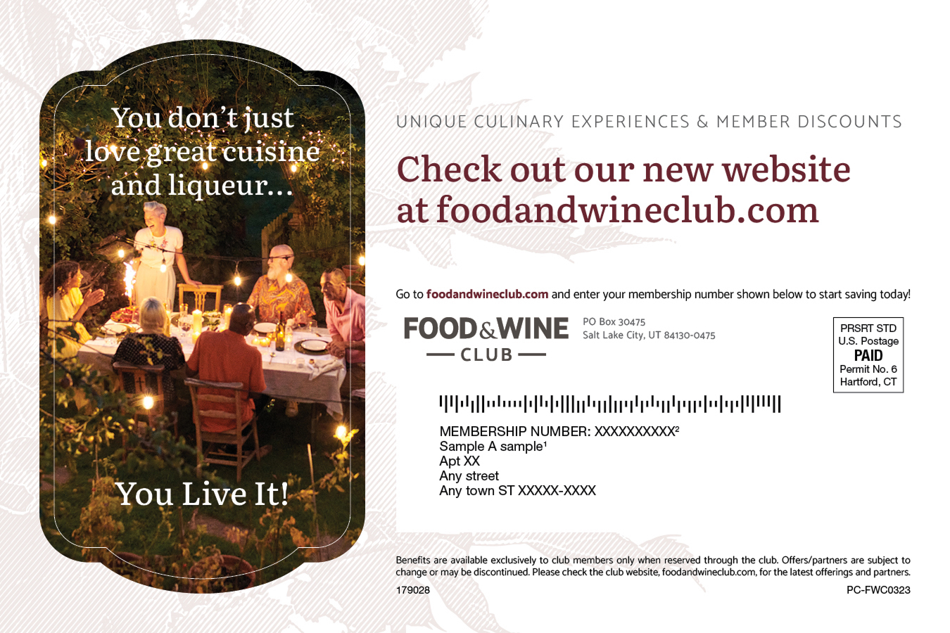 Food & Wine Club postcard — address panel