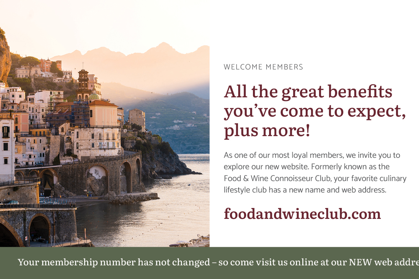 Food & Wine Club postcard — member welcome