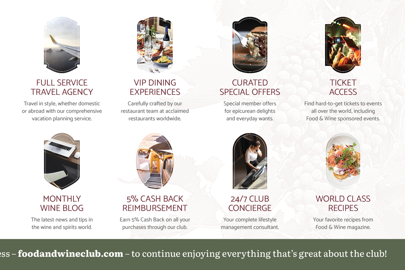 Food & Wine Club postcard — member benefits