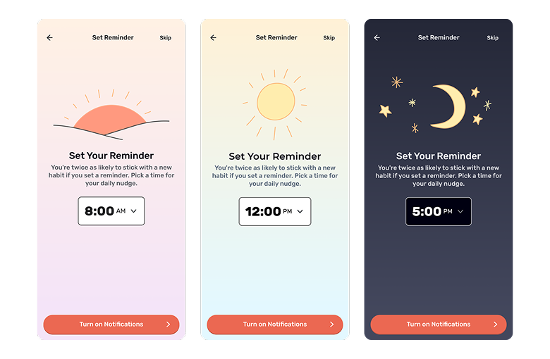 MyLife notification screens — morning, afternoon, night