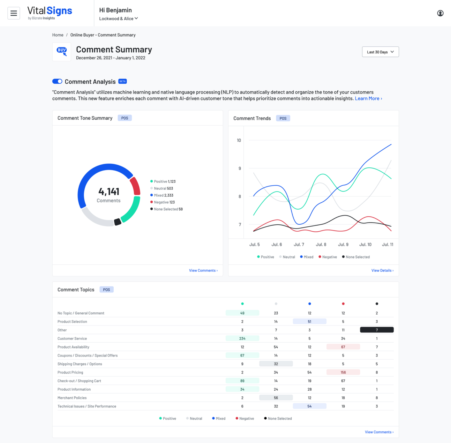 VitalSigns Comment Analysis dashboard